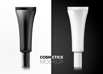 Vector set - 3d realistic cream tubes, standing on the caps, isolated on black and white backgrounds. Mock-up for product package branding.