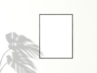 3x4 vertical Black frame for photo or picture mockup on white background with shadow of monstera leaves. 3D rendering.