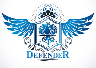 Vintage decorative emblem composed with lily flower royal symbol and pentagonal stars, heraldic vector.