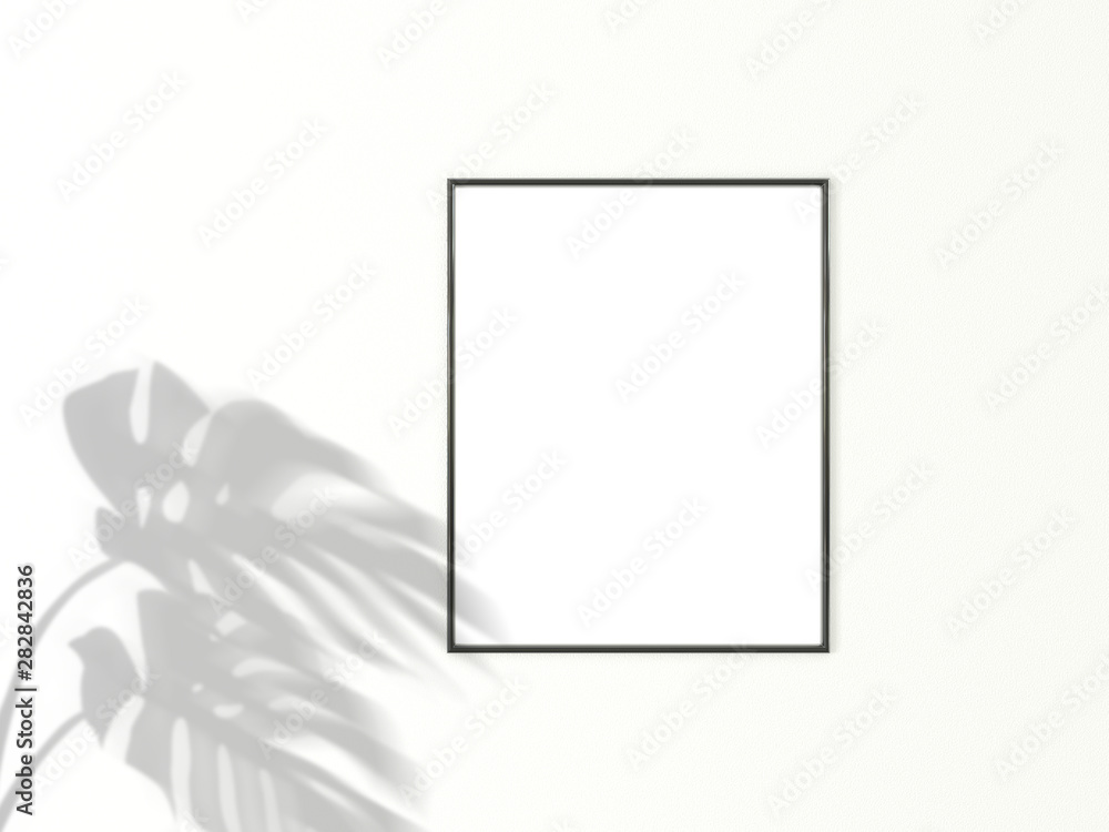 Poster 4x5 vertical black frame for photo or picture mockup on white background with shadow of monstera lea