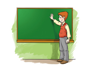 student in front of a blackboard