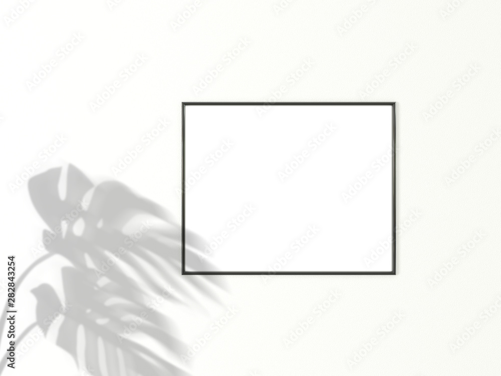 Poster 4x5 horizontal black frame for photo or picture mockup on white background with shadow of monstera l