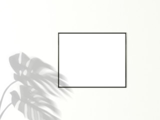 4x5 horizontal Black frame for photo or picture mockup on white background with shadow of monstera leaves. 3D rendering.