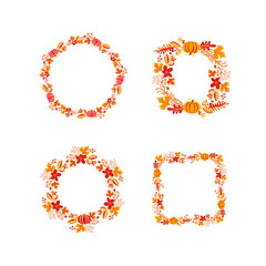 Bundle of vector frame autumn bouquet wreath with place for text. Set of orange isolated leaves, berries and pumpkin. Perfect for seasonal holidays, Thanksgiving Day
