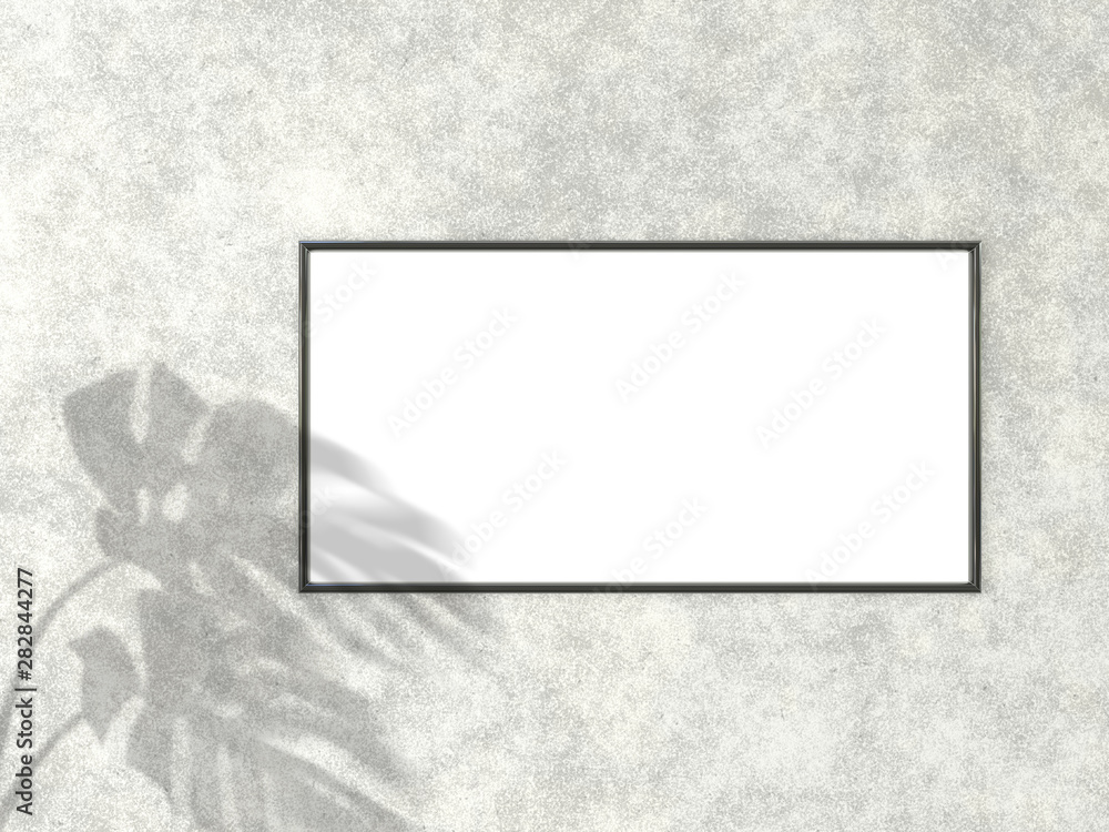 Poster 1x2 horizontal black frame for photo or picture mockup on concrete background with shadow of monster