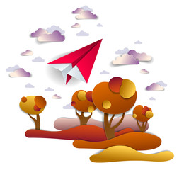Origami paper plane toy flying in the autumn sky over red and yellow meadows and trees, perfect vector illustration of scenic fall nature landscape with toy jet take off, airlines air travel theme.