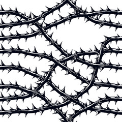 Horror style horrible seamless pattern, vector background. Blackthorn branches with thorns stylish endless illustration. Hard Rock and Heavy Metal subculture music textile fashion stylish design.