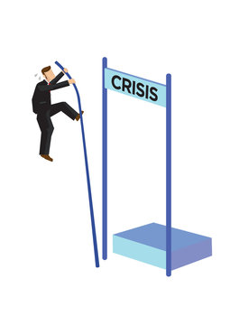 Businessman pole vaulting over crisis. Concept of crisis management, stock crash or bankruptcy.