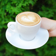 A cup of coffee in hand on a background of a green plant.