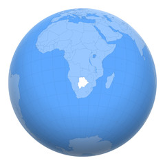 Botswana on the globe. Earth centered at the location of the Republic of Botswana. Map of Botswana. Includes layer with capital cities.
