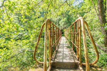 Rusty iron bridge, among the trees, over the upper reaches of the River Severn in the Llanidloes countryside, Wales