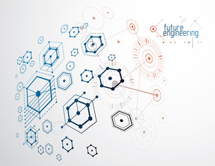 Mechanical scheme, vector engineering drawing with circles and hexagons. Technical plan can be used in web design and as wallpaper or background.