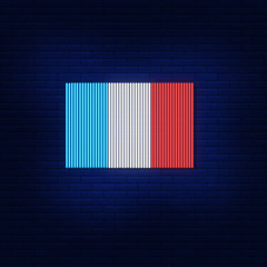 Neon lights of the flag of France. Bright advertising of the country. Modern vector logo, banner, shield, image of the French flag. Night advertising on the background of a brick wall.