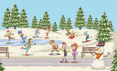 Cartoon people having fun in the park with snow. Winter nature landscape holiday.