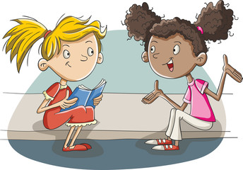 Cartoon girls talking. Children seated on sidewalk talking.