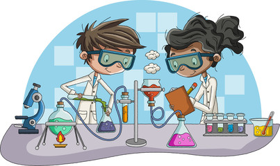 Cartoon students doing research with chemical fluid in the laboratory. Chemistry Classroom. - 282845820