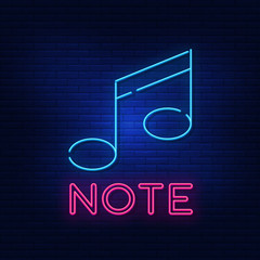 Neon lights notes. Bright advertising music. Modern vector logo, banner, shield, note inscription image. Night illustration against a brick wall.