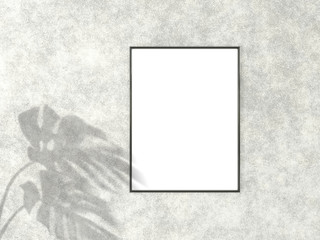 3x4 vertical Black frame for photo or picture mockup on concrete background with shadow of monstera leaves. 3D rendering.