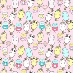 Cute animal ice cream seamless pattern background. Vector illustration for gift wrap design.