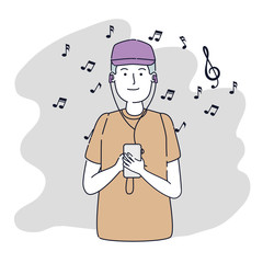 happy boy with modern headphones and smartphone