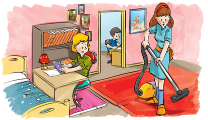 mother sweeping her little daughter's room