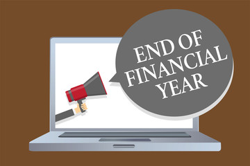 Text sign showing End Of Financial Year. Conceptual photo Revise and edit accounting sheets from previous year Laptop desktop speaker alarming warning sound announcements indication idea