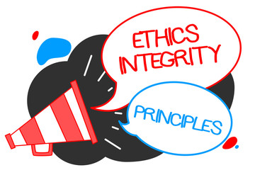 Text sign showing Ethics Integrity Principles. Conceptual photo quality of being honest and having strong moral Megaphone loudspeaker speech bubbles important message speaking out loud