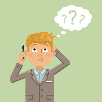 Illustration of a businessman talking on the phone and thinking. Confused businessman making decision. Flat style vector illustration