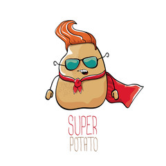 Fototapeta premium vector funny cartoon cute brown super hero potato with red hero cape isolated on white background. My name is potato vector concept. super vegetable funky character