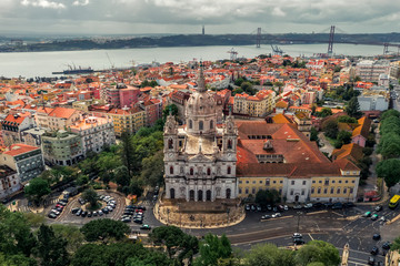 Estrela basilica Lisbon Lapa, Portugal, Europe. Old architecture, panorama view, summer