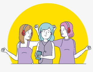 happy girls with modern headphones and smartphone