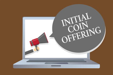Text sign showing Initial Coin Offering. Conceptual photo crowdfunding using cryptocurrencies raising capital Laptop desktop speaker alarming warning sound announcements indication idea