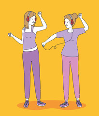 happy girls with modern headphones and mp4