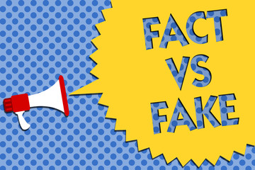 Conceptual hand writing showing Fact Vs Fake. Business photo showcasing Rivalry or products or information originaly made or imitation Megaphone loudspeaker loud scream idea talk halftone speech
