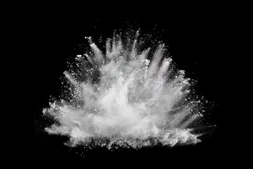 White powder explosion on black background. Colored cloud. Colorful dust explode. Paint Holi. - obrazy, fototapety, plakaty