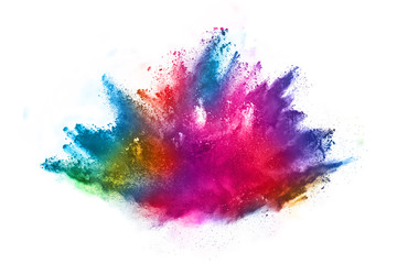 abstract powder splatted background. Colorful powder explosion on white background. Colored cloud. Colorful dust explode. Paint Holi.