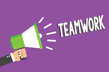 Word writing text Teamwork. Business concept for Group of people who work together as one and with the same aim Man holding Megaphone loudspeaker loud screaming talk talking speech listen