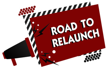 Conceptual hand writing showing Road To Relaunch. Business photo text In the way to launch again Fresh new start Beginning Multiple text pattern red rectangle plate sound speaker design