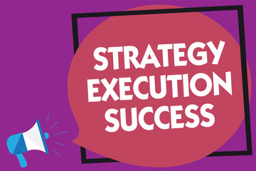 Text sign showing Strategy Execution Success. Conceptual photo putting plan or list and start doing it well Megaphone loudspeaker loud screaming purple background frame speech bubble