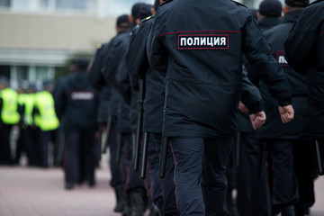 Russian police squad formation back view with