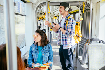 Fototapeta premium Interior Of Bus With Passengers