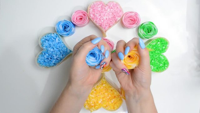 Crispy pieces of soap in the hands