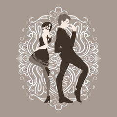 Retro party card, man and woman dressed in 1920s style dancing, flapper girls handsome guy in vintage suit, twenties, vector illustration