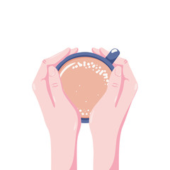 Top view flat style vector illustration of two female hands holding cup of coffee or tea with milk isolated on white background, hygge concept. Girl, woman holding cup of hot coffee with two hands