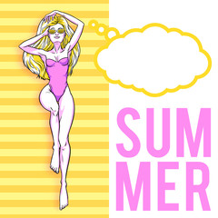 Young beautiful blonde woman in swimsuit. Beach girl, bikini, summer holidays. Glamour model. Vector comic illustration
