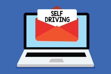 Word writing text Self Driving. Business concept for Autonomous vehicle Ability to navigate without human input Computer receiving email important message envelope with paper virtual