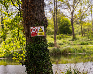 “No swimming” and “deep water” signs nailed to an ivy covered tree trunk warning the...
