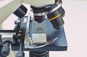 Close up of an microscope. Scientific optical laboratory equipment for research. 