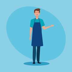 salesman with hairstyle and casual clothes wearing apron