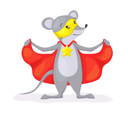 Superhero animal kids with a superhero cape and masks. Mouse character in super hero costume vector illustration isolated.